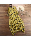 ZANZEA jesień 3/4 rękaw Polka Dot długa sukienka z nadrukiem Vintage damskie bawełniane suknie lniane kobieta Kaftan Vestido Fem