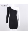 Nadafair One Shoulder Club Bodycon seksowna sukienka damska z długim rękawem rozciągliwa czarna biała prosta, na co dzień Wrap m