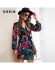 SHEIN V Neck kwiatowy Print Casual popędzający sukienka ołówkowa kobiety jesień Streetwear wysokiej talii wielokolorowe krótkie 