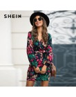 SHEIN V Neck kwiatowy Print Casual popędzający sukienka ołówkowa kobiety jesień Streetwear wysokiej talii wielokolorowe krótkie 