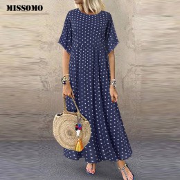 MISSOMO 5XL sukienka kobiety w stylu vintage O-Neck długa, maksi sukienka Dot Peinted w stylu casual, letnia sukienka plaża suki