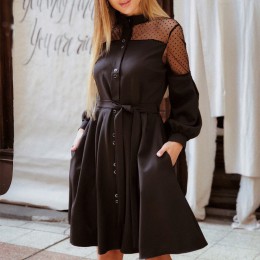 Kobiety seksowny koronkowy patchwork linia Party Dress panie długi rękaw bufka stojak kołnierz elegancka sukienka 2019 moda kobi