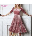 S. FLAVOR kobiety Slim aksamitna sukienka wiosna moda rękaw 3/4 Vintage plisowane sukienki Party Vestidos De kobiety odzież