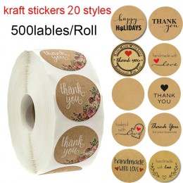 Okrągłe naturalne Kraft dziękuję naklejki pieczęć etykiety 500 etykiet na rolkę ręcznie wykonane z miłością naklejki biurowe pap