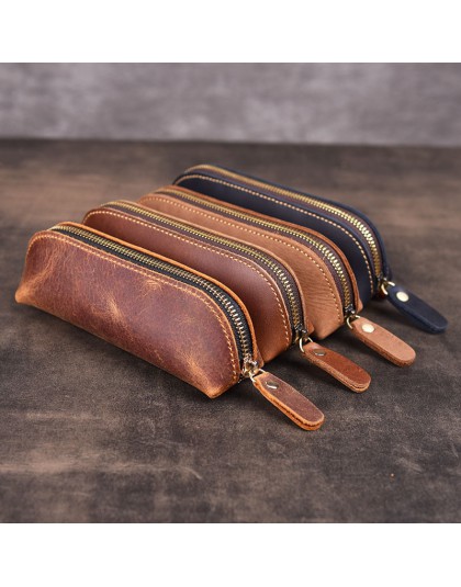 Ręcznie robiony skórzany piórnik w stylu Vintage w stylu Retro skóra bydlęca Zipper piórnik tornister etui na okulary akcesoria 