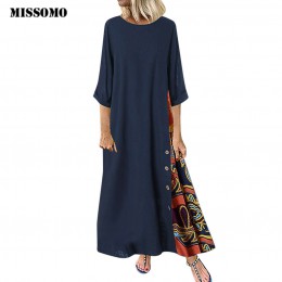 MISSOMO Maxi sukienka damska Casual elegancka, patchworkowa 3/4 rękawy O-Neck Button wysoka niska lamówka Plus rozmiar długa suk