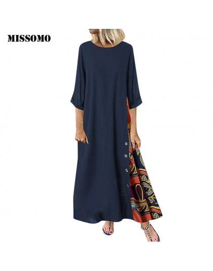 MISSOMO Maxi sukienka damska Casual elegancka, patchworkowa 3/4 rękawy O-Neck Button wysoka niska lamówka Plus rozmiar długa suk