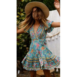 JH rękaw kwiatowy Print etniczne letnia plaża damski, z wycięciem stylowy styl kobiety sukienka bez rękawów, dekolt v Spaghetti 