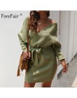 Forefair Sexy Bodycon Wrap sweter sukienka kobiety jesień 2019 z długim rękawem skrzydła wiązane Mini Casual dzianiny bawełniane