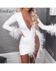 Forefair V Neck Feather diamentowa seksowna sukienka białe czarne kobiety z długim rękawem jesienno-zimowa koszulka przepuszczal