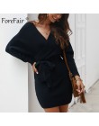 Forefair Sexy Bodycon Wrap sweter sukienka kobiety jesień 2019 z długim rękawem skrzydła wiązane Mini Casual dzianiny bawełniane