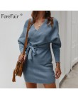 Forefair Sexy Bodycon Wrap sweter sukienka kobiety jesień 2019 z długim rękawem skrzydła wiązane Mini Casual dzianiny bawełniane