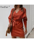 Forefair Sexy Bodycon Wrap sweter sukienka kobiety jesień 2019 z długim rękawem skrzydła wiązane Mini Casual dzianiny bawełniane