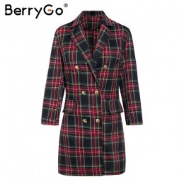 BerryGo elegancka dwurzędowa bawełniana w kratę sukienka damska Streetwear jesienno-zimowa krótka sukienka biurowa klapa prosta 
