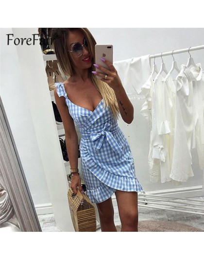 Forefair kobiety dorywczo sukienka w kratę falbana w stylu vintage backless wrap Sexy sukienki bez rękawów v krawat talia Mini l