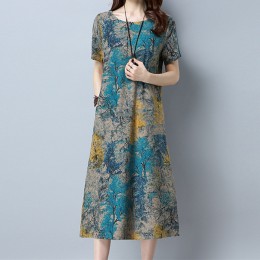 2020 bawełniana lniana letnia sukienka damska luźna Plus rozmiar Casual Dress odzież robocza OL nadruk w stylu vintage letnia su
