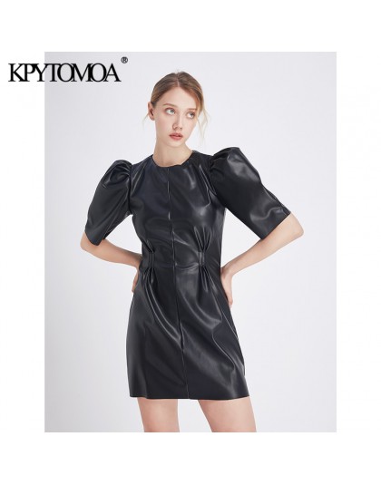 Vintage stylowa Faux Leather plisowana Mini sukienka kobiety 2020 moda O Neck bufiaste rękawy powrót Zipper kobieta PU sukienki 
