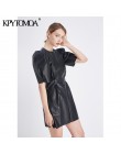 Vintage stylowa Faux Leather plisowana Mini sukienka kobiety 2020 moda O Neck bufiaste rękawy powrót Zipper kobieta PU sukienki 