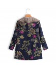 Damskie jesienne zimowe płaszcze na co dzień ciepła odzież wierzchnia kwiatowy Print z kapturem kieszenie Vintage płaszcze overs