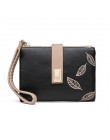Grawerowane liści mały portfel kobiety torebka z paskiem na nadgarstek marka kobiety torebka miękkie Pu skórzany portfel damski 