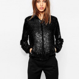 Kobiety cekinowy płaszcz Bomber Jacket odzież streetwear z długimi rękawami i zamkiem błyskawicznym Casual Loose Glitter odzież 