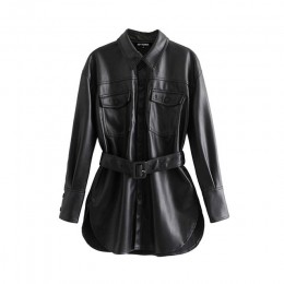 Vintage stylowa Faux Leather z paskiem kurtka płaszcz kobiety 2020 moda z długim rękawem kieszenie boczne otwory wentylacyjne pu