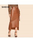 SHEIN brązowy elegancki z nieregularnym brzegiem z przodu podwójny guzik z wiązaniem jak ze skóry długa spódnica urząd Lady soli
