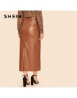 SHEIN brązowy elegancki z nieregularnym brzegiem z przodu podwójny guzik z wiązaniem jak ze skóry długa spódnica urząd Lady soli