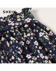 SHEIN Boho granatowy Ditsy kwiatowy Print Paperbag talia popędzający rozkloszowane spódnice damskie lato 2019 Casual Frilled pli