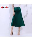 Różowy dla kobiet zielony jedwab satynowa spódnica 2019 w stylu Vintage koreański styl długi spódnica midi z wysokim stanem dla 