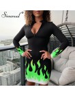 Simenual Fitness Sexy V Neck obcisła sukienka kobiety z długim rękawem Neon płomień nadrukowana sukienka Zipper 2019 moda jesień