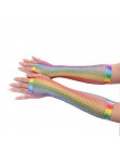 Hot Trendy rękawiczki damskie Hollow Out otwory rękawice tęczowy, nadruk w Disco kostium taneczny wydajność bez palców siatki ka