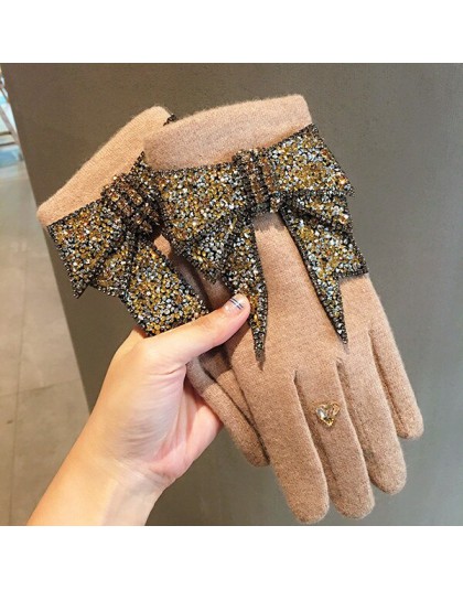 Luksusowe markowe rękawiczki zimowe rękawiczki damskie kaszmirowe rękawiczki damskie z błyszczącą kokardką wysadzaną kryształkam