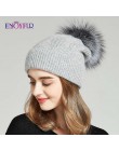 ENJOYFUR czapki zimowe dla kobiet futro naturalne czapka z pomponem ciepła wełna Slouchy czapki dla kobiet moda Skullies Lady ka