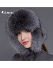 Gours futro kapelusz dla kobiet naturalne futro szopa futro rosyjska uszanka czapki zimowe grube ciepłe uszy moda Bomber Cap cza