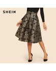 SHEIN Vintage złoty kwiat wydruku średnio wysoka talia Flare spódnica do kolan 2018 jesień eleganckie nowoczesne Lady kobiety sp