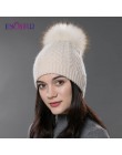 ENJOYFUR zimowy pompon futrzany kapelusz dla kobiet kaszmirowy wełniany bawełniany kapelusz duży prawdziwy szop czapki beanie z 