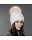 ENJOYFUR zimowy pompon futrzany kapelusz dla kobiet kaszmirowy wełniany bawełniany kapelusz duży prawdziwy szop czapki beanie z 
