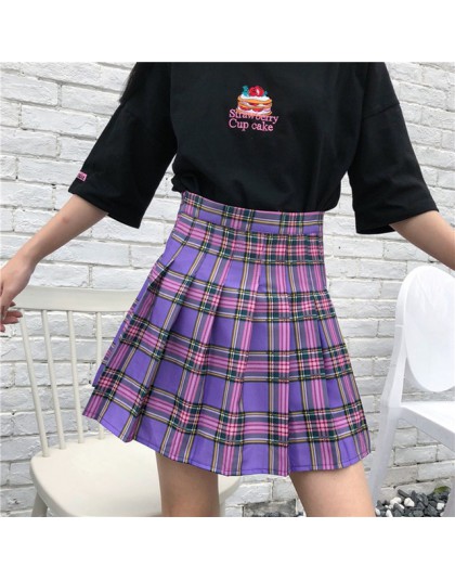 S 2XL nowe spódnice szkolne Harajuku fioletowy Plaid wysokiej talii plisowana spódnica kobiet śliczne Mini kobiety spódnica styl
