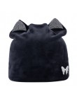 TQMSMY Rhinestone jesień zima czapki z dzianiny Skullies dla kobiet odkryty Slouchy Bonnet dorywczo ucho kota aksamitny kapelusz