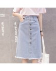 Flectit 2019 guzik przód Midi jeansowa spódniczka dla kobiet dorywczo wysokiej talii Fray Hem z kieszenią kolano długość spódnic