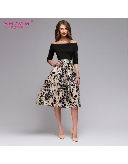 S.FLAVOR Femme Floral wydrukowano patchworkowa sukienka kobiety Off Shoulder Sexy Party vestidos kobieta głęboki dekolt w stylu 