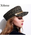 Xthree jesienna czapka zima łańcuch z wełny czapka wojskowa modne czapki dla kobiet kobiece płaskie czapka wojskowa sailor kapel