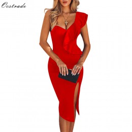 Ocstrade New Arrival 2020 kobiety jedna opaska na ramię sukienka elegancka Ruffles czerwona sukienka bandażowa Bodycon seksowna 