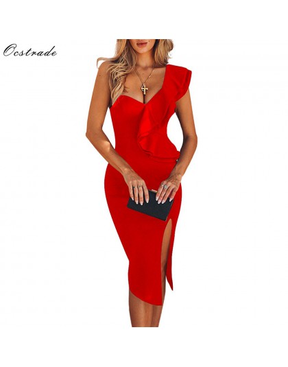 Ocstrade New Arrival 2020 kobiety jedna opaska na ramię sukienka elegancka Ruffles czerwona sukienka bandażowa Bodycon seksowna 