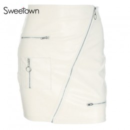 Sweetown białe solidne spódnice w stylu Boho Beach kobiet zamek linii spódnica lato wysokiej talii skórzana krótka spódnica eleg