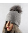 Mink Raccoon futrzane czapki dla wełniana damska zimowa czapka z dzianiny Rhinestone kapelusz czapki beanie z futrzanym pomponem