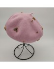 VISROVER zimowy wełniany beret z kryształową pszczołą kobieta wełniana czapka zimowa jesień wiosenny kapelusz top w jednolitym k