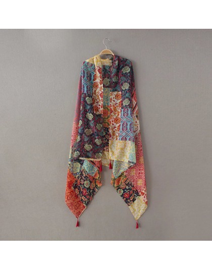 Moda damska afrykańskie etniczne patchwork z kwiatowym wzorem pomponem wiskoza szalik zimowy tłumik pałąk Foulard Sjaal Wrap hid