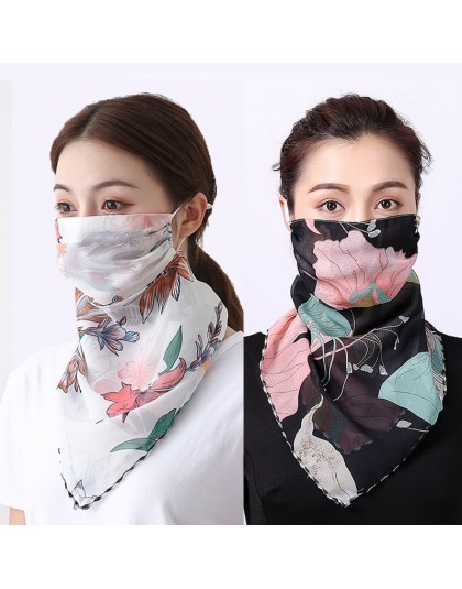 Kobiety szyfonowa maska szalik twarz okłady kwiatowy Print Lady jedwabne szaliki Foulard Bandana letnie maski przeciwsłoneczne o